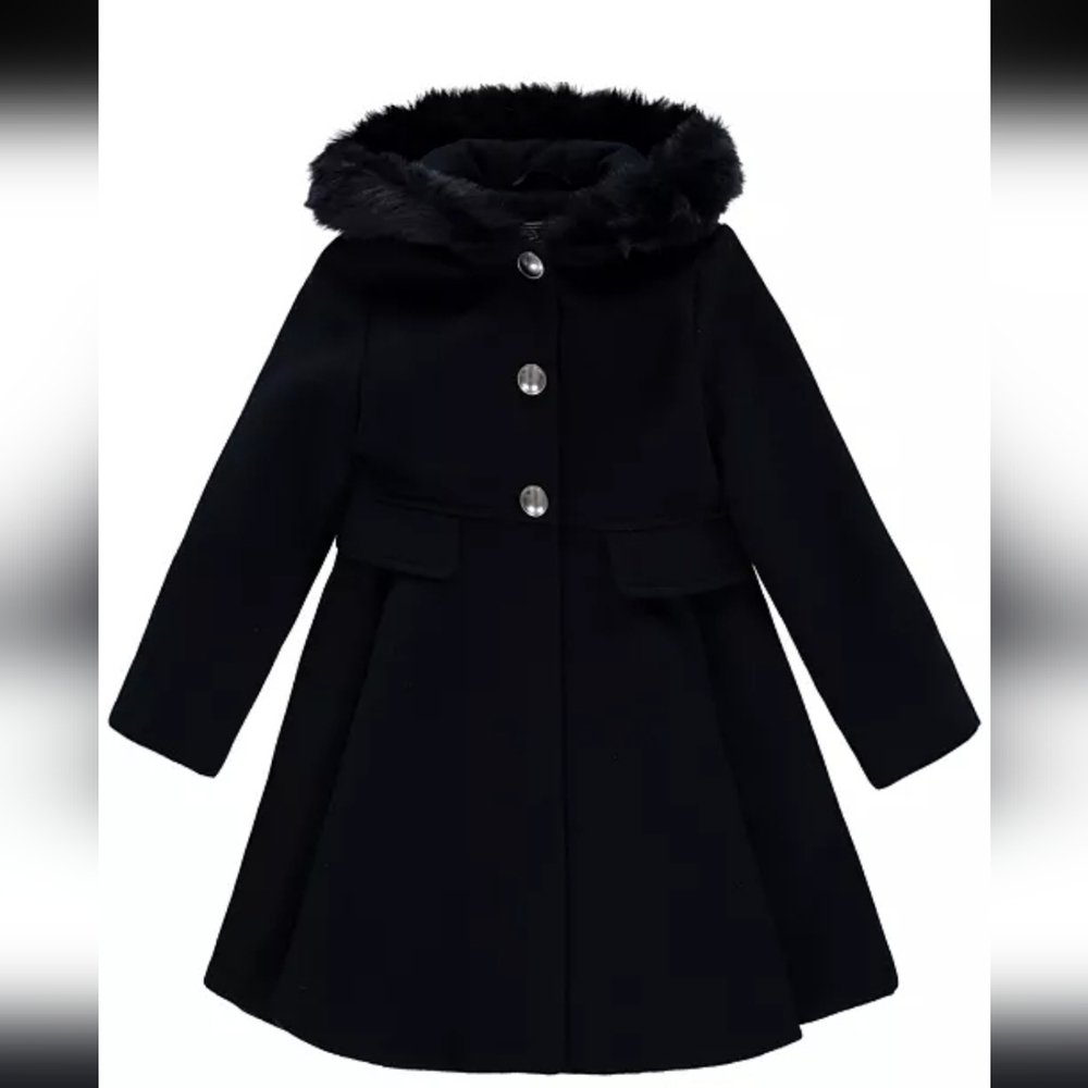 Rothschild Navy Hooded Wool Pea Coat with Faux Fur Trim
